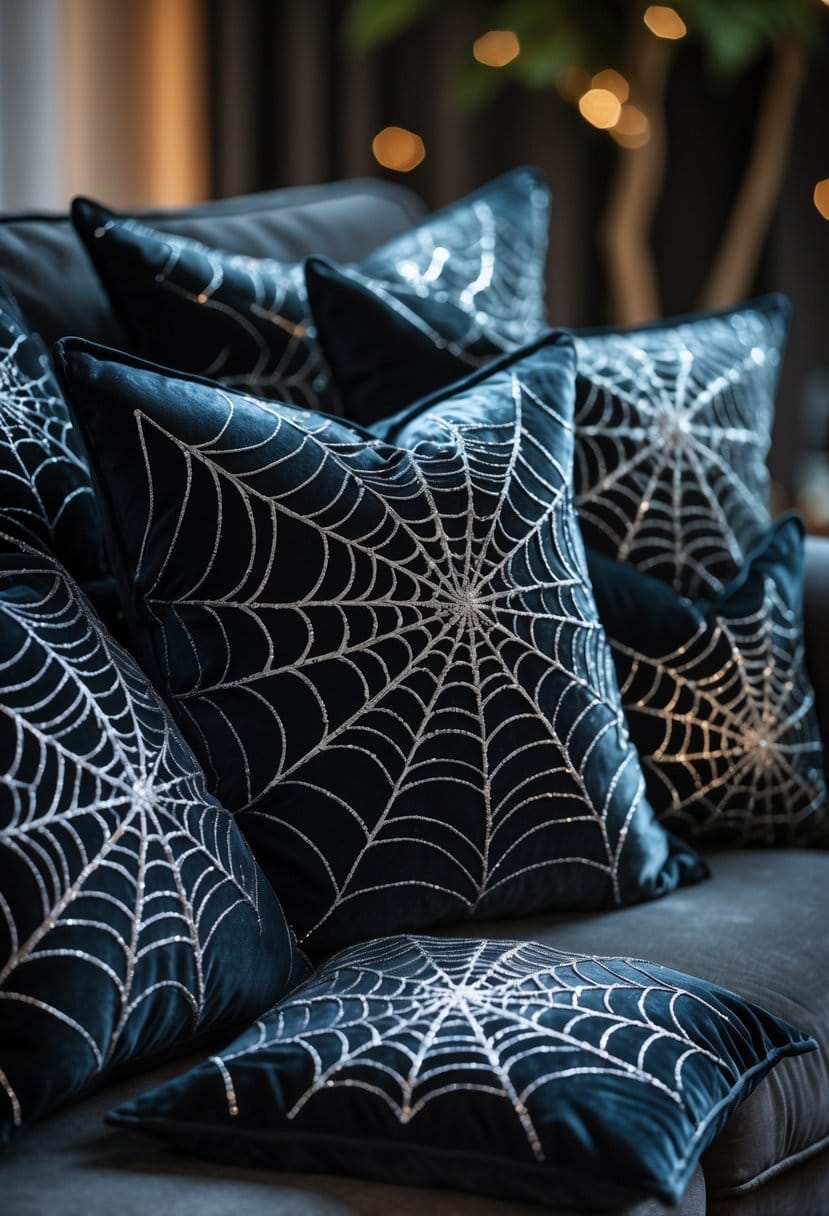 Dark velvet throw pillows embroidered with silver spiderwebs arranged on a sofa.