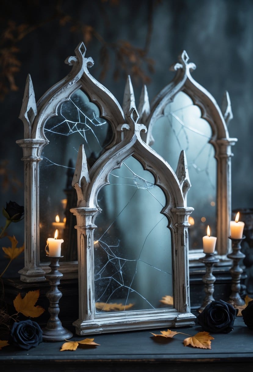 A collection of ornate gothic mirrors with cracked and smoky glass placed on a dark wooden surface surrounded by candles, dried flowers, and autumn leaves.