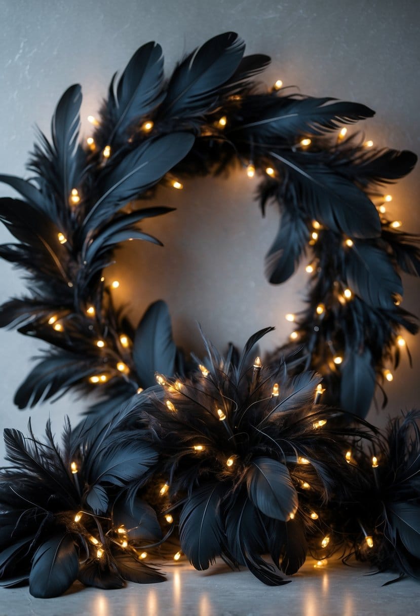 Black feather wreaths decorated with small glowing fairy lights arranged on a neutral background.