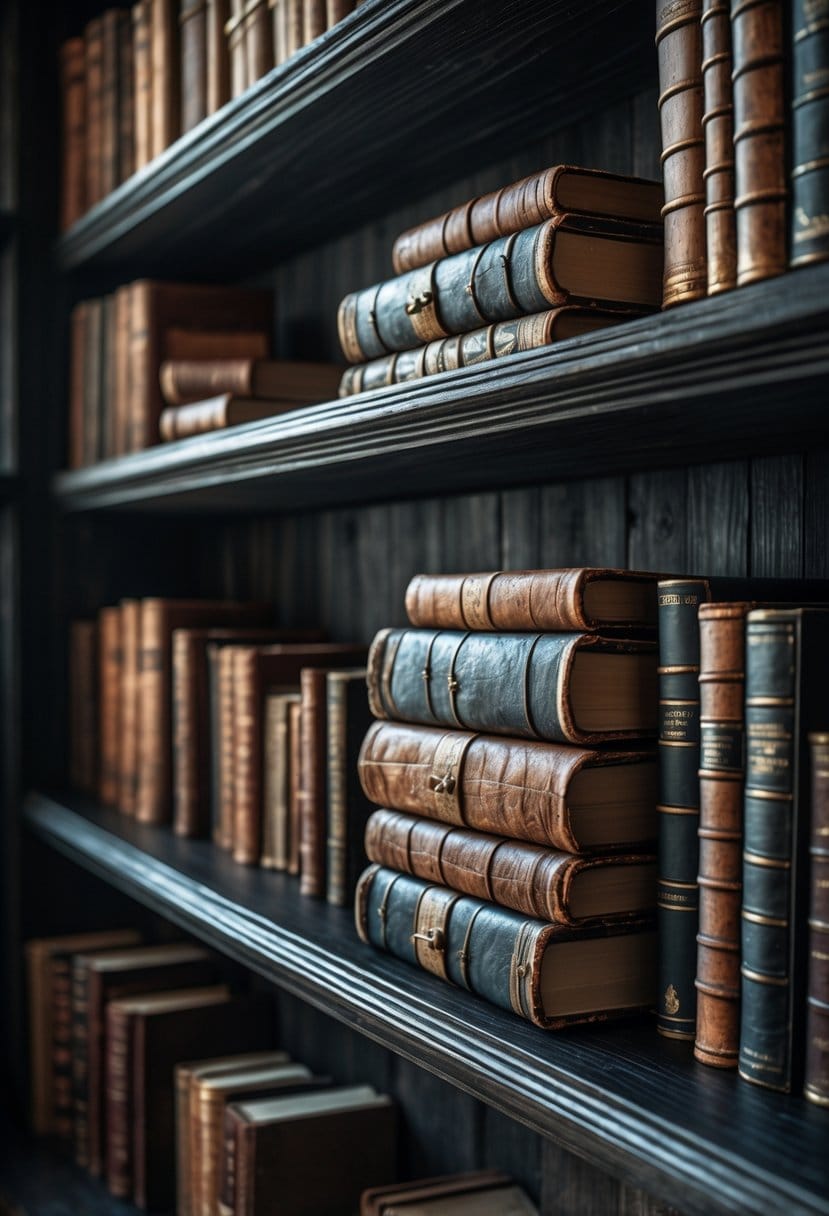 Stacked distressed leather-bound books on dark wood shelves.