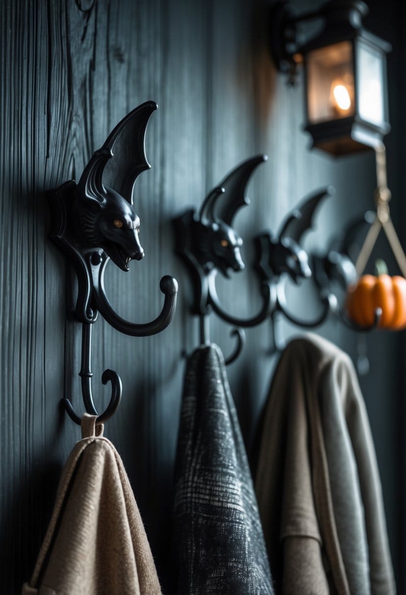 Bat-shaped wrought iron hooks mounted on a wooden wall holding coats and decorative items.