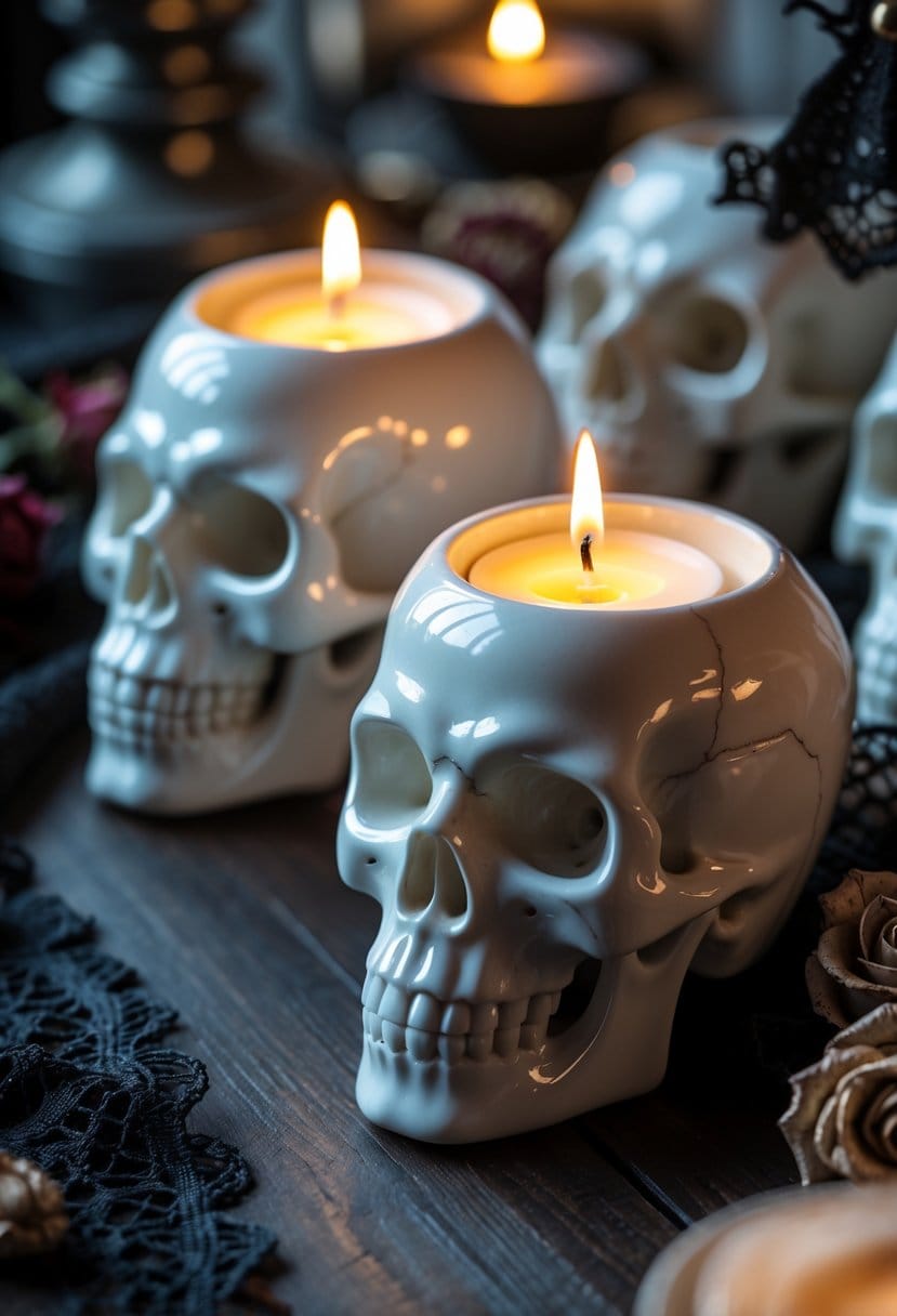 Porcelain skull candle holders with flickering tea lights on a dark surface, surrounded by gothic decorative elements.