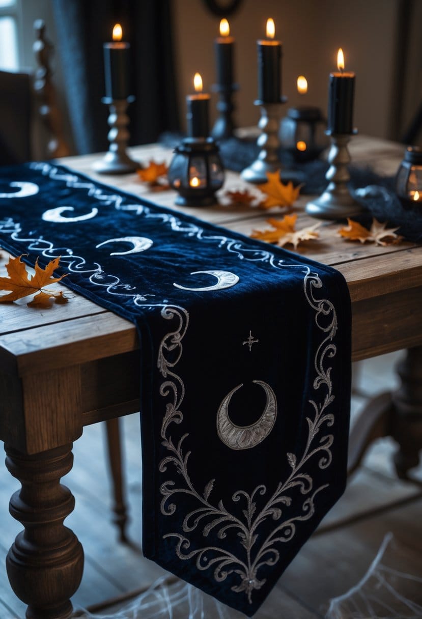 A wooden table with dark velvet runners embroidered with silver crescent moons, surrounded by black candles, lanterns, dried leaves, and spiderweb decorations.