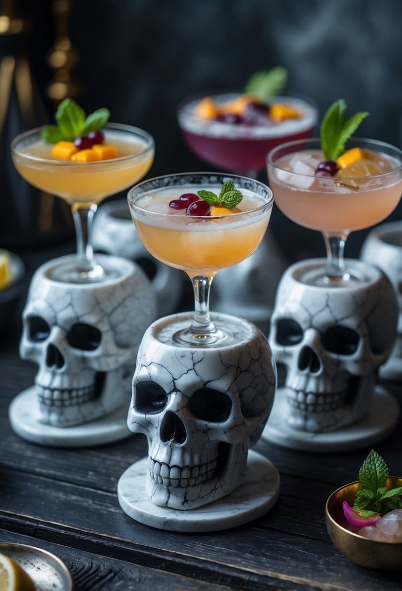 Cracked marble skull coasters holding vintage cocktail glasses on a dark wooden surface.