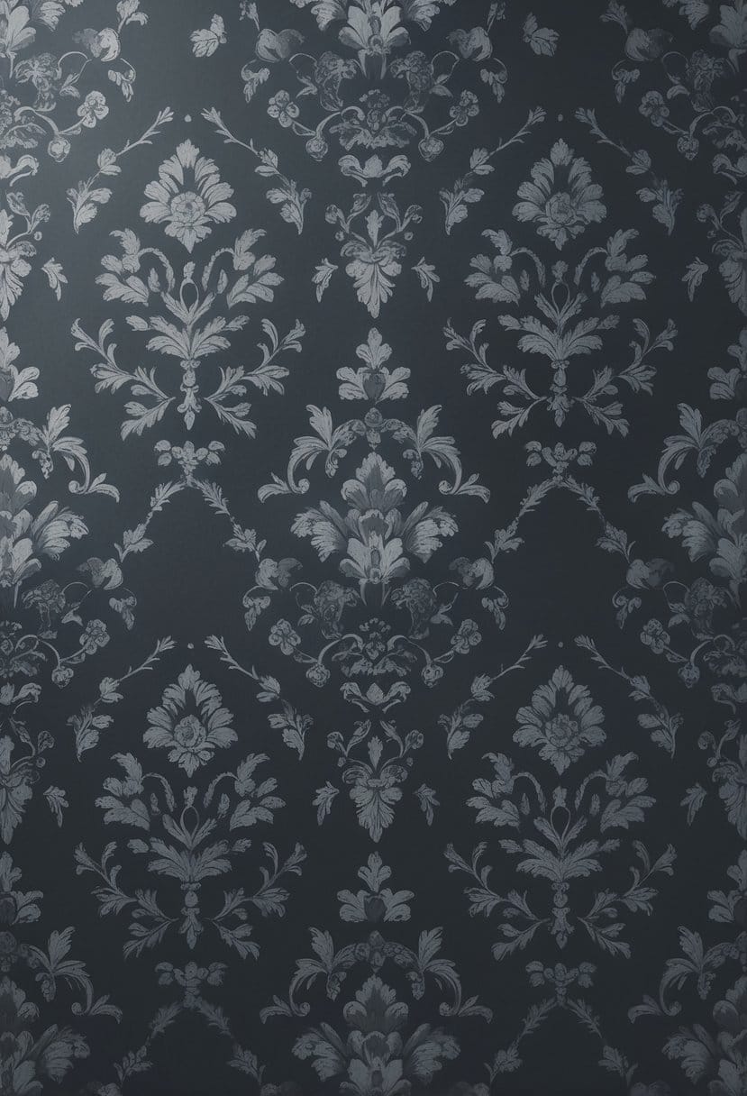 Close-up view of a dark patterned wallpaper with floral and ornamental designs in shades of black and gray.