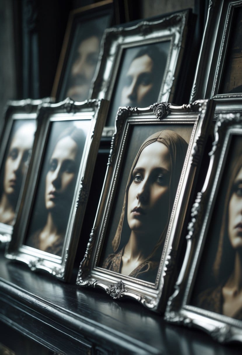 A collection of antique silver picture frames holding sepia-toned portraits of somber faces arranged on a dark wooden surface.