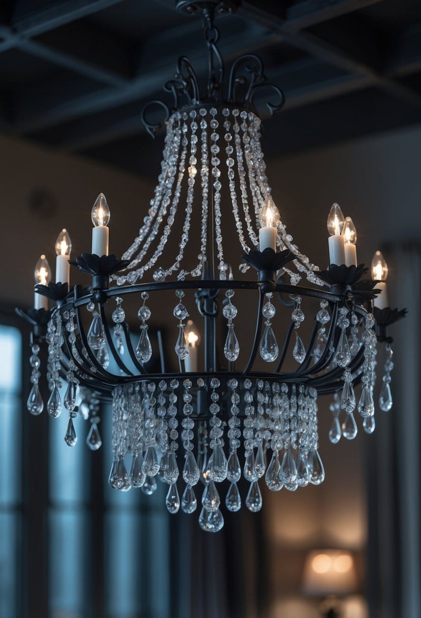 A black iron chandelier with hanging clear crystals in a dimly lit room.