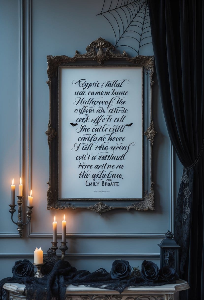 An interior wall with framed gothic-style calligraphy art surrounded by subtle Halloween decorations like dried black roses, candles, and spiderweb accents.