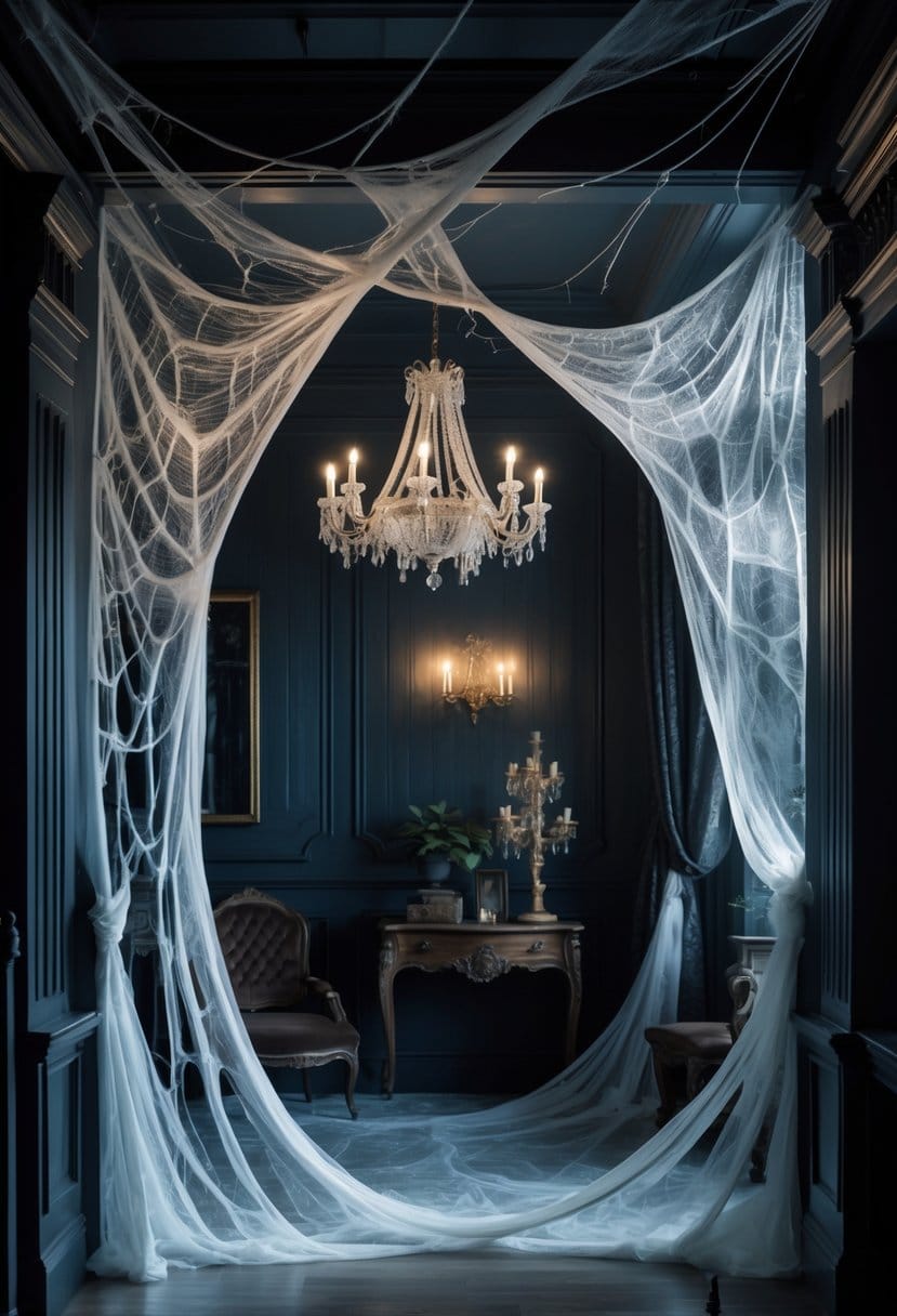An interior room with delicate faux cobwebs woven across corners and chandeliers, creating a subtle Halloween atmosphere.