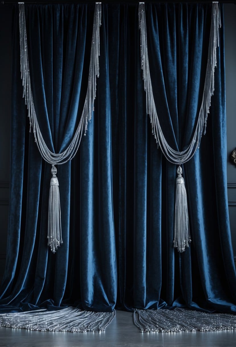 Heavy dark velvet curtains with silver tassels touching the floor.