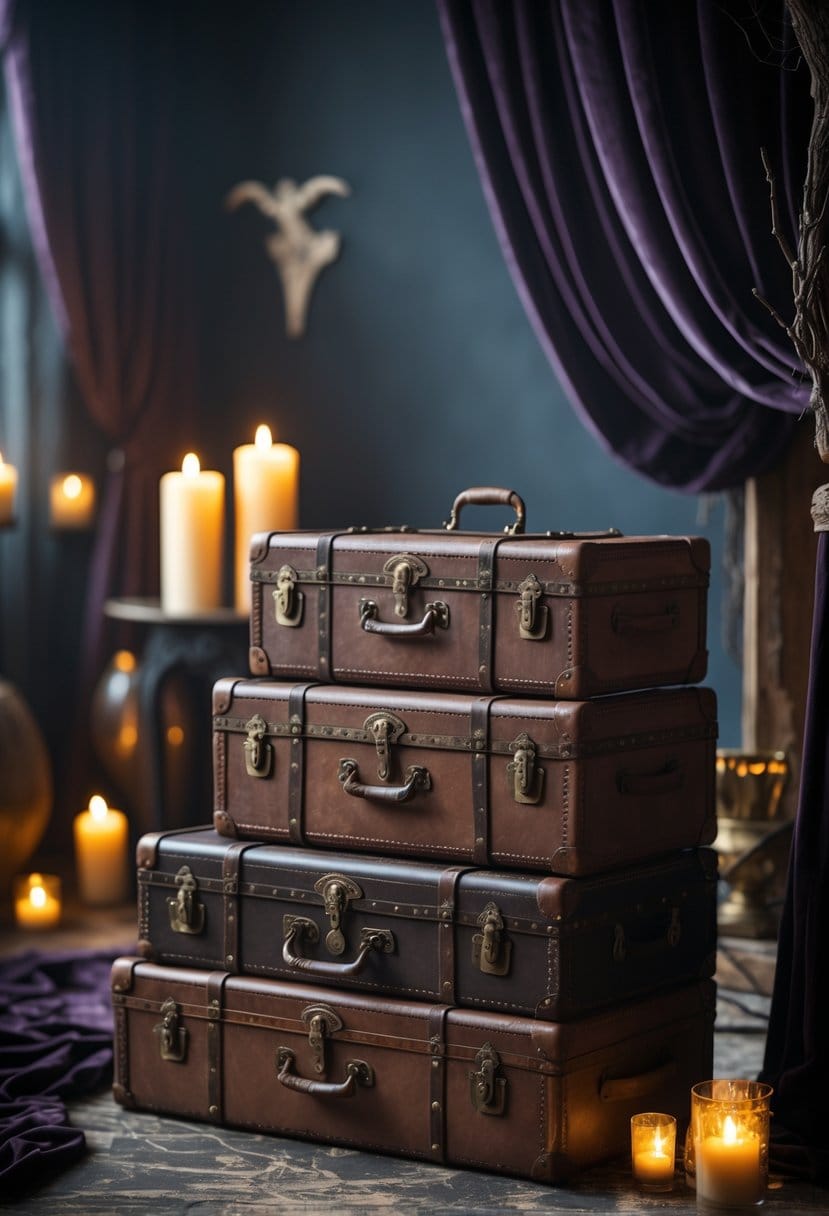 Stacked antique trunks used as side tables in a dimly lit room with candles and dark drapes.