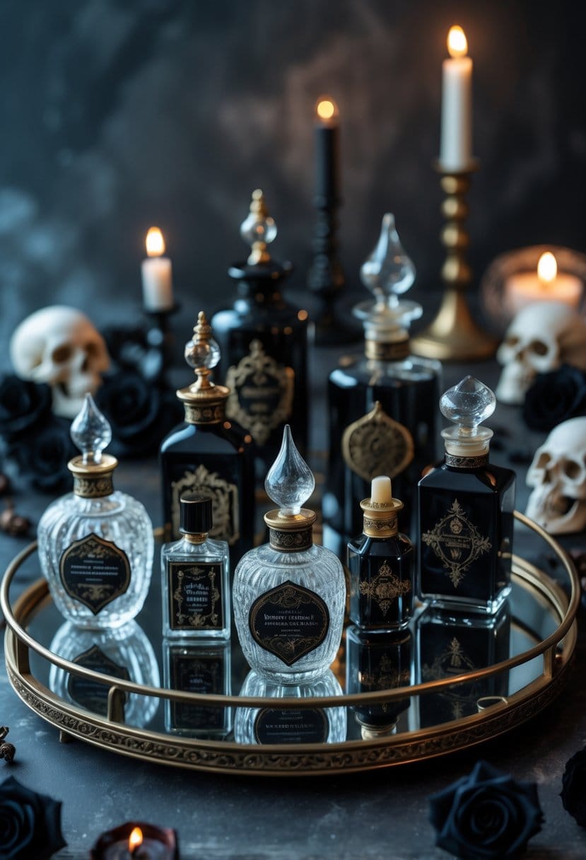 Mirrored trays displaying gothic-themed perfume and potion bottles with dark decorative elements around them.