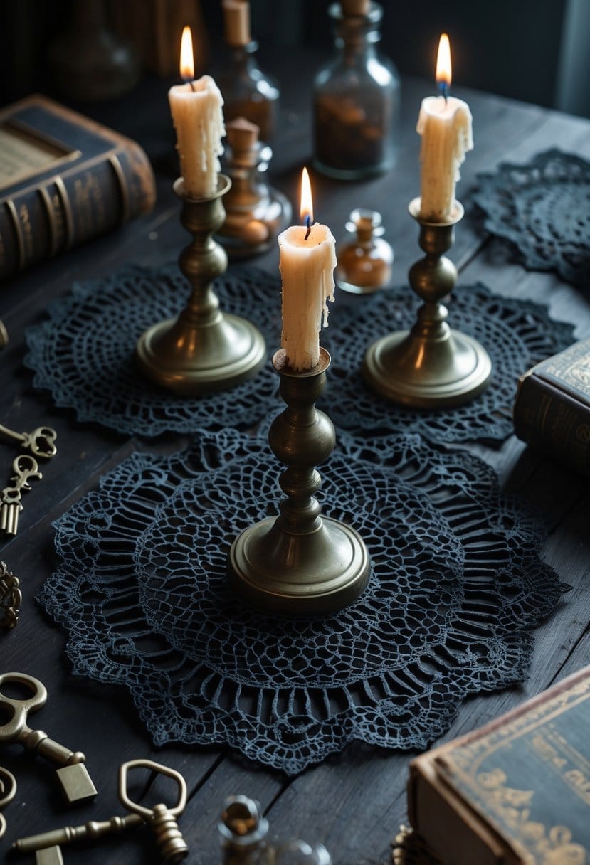 Black lace doilies under antique candlesticks surrounded by vintage keys, glass bottles, and old books on a dark wooden surface.