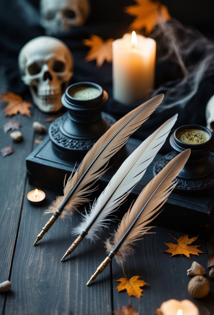 Feather-tipped quill pens resting next to old ink wells on a wooden surface with small Gothic Halloween decorations around them.