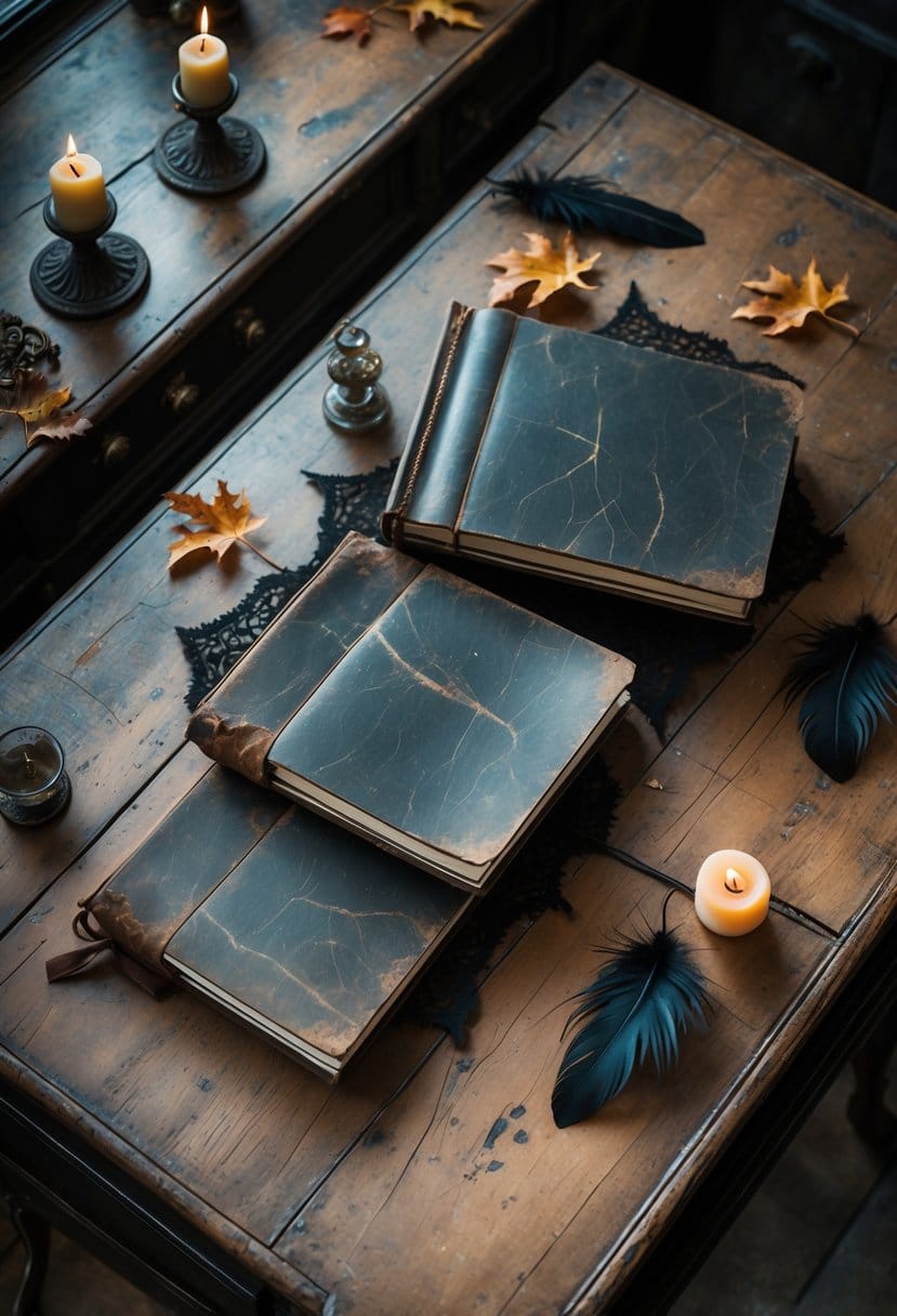 Distressed faux leather journals scattered on vintage wooden desks with candles, dried leaves, feathers, and spider webs.