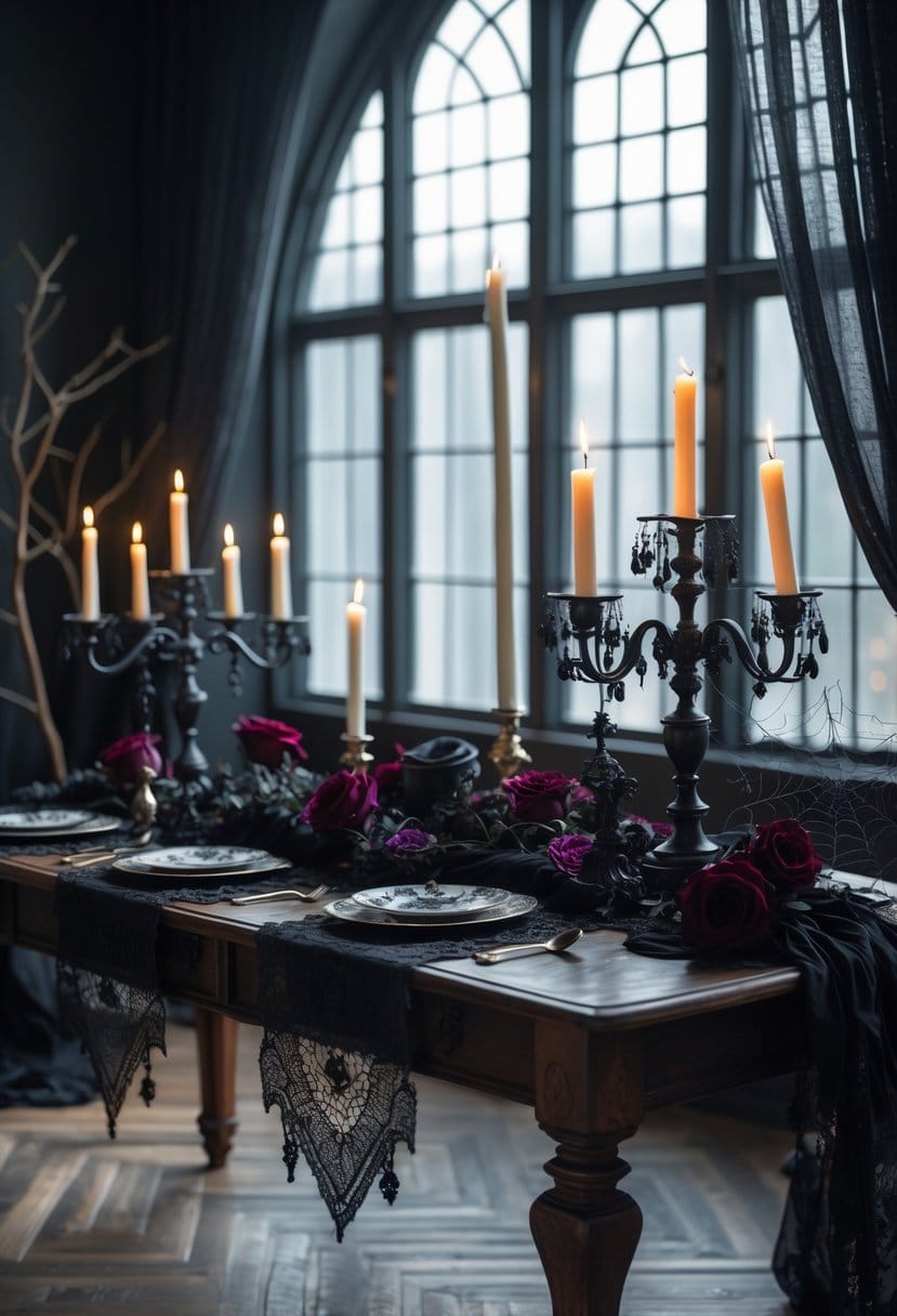 An indoor scene with a wooden table decorated with black candles, black roses, dried branches, and lace, illuminated by soft natural light through a large window.