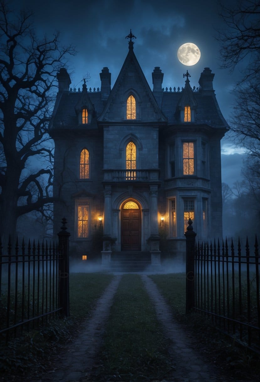 A large, old mansion with pointed arches and stained glass windows surrounded by leafless trees and fog at dusk.
