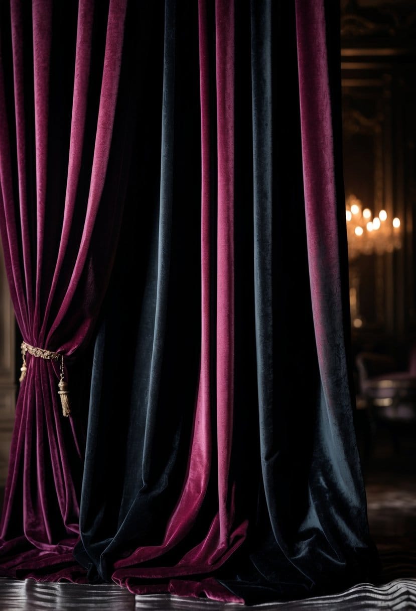 Close-up of rich velvet curtains in deep burgundy and black hanging in a softly lit room.