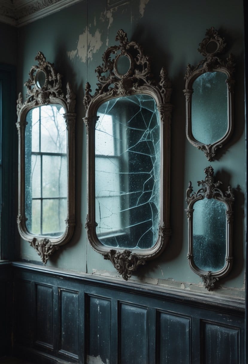 A collection of ornate Victorian mirrors with cracked and aged glass hanging on a dark, worn wall in a dimly lit room.