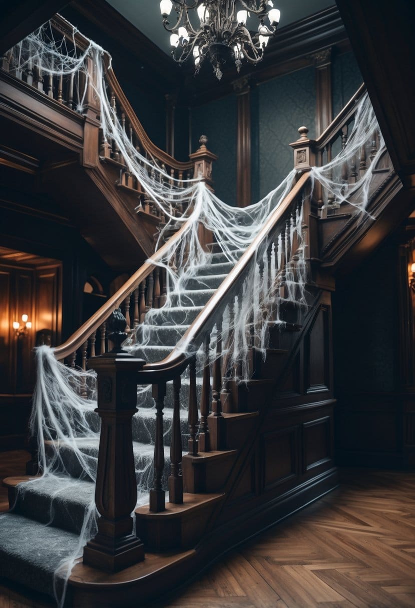 An ornate wooden staircase decorated with realistic spider webs draped along the banisters inside a large mansion.