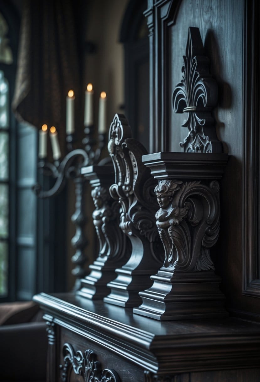 Dark wood furniture with detailed carved accents in a dimly lit room with gothic decor.