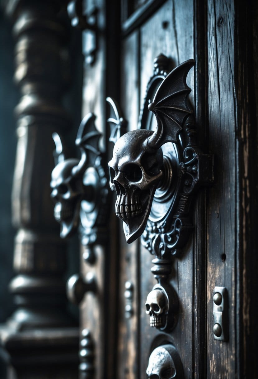 Close-up of heavy iron doorknobs featuring bat and skull designs on dark wooden doors.
