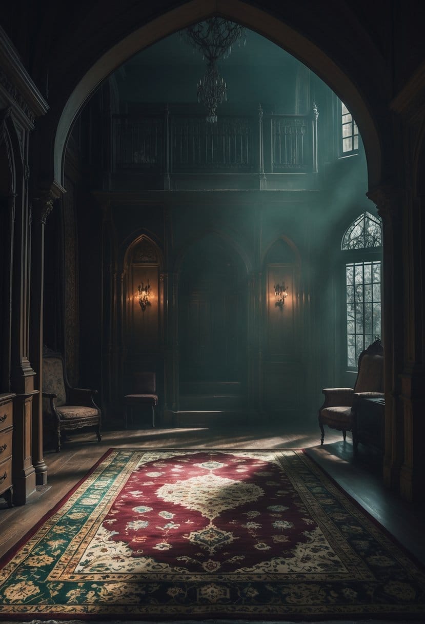 A dimly lit mansion room with worn Persian rugs on the floor and antique furniture under soft, shadowy lighting.