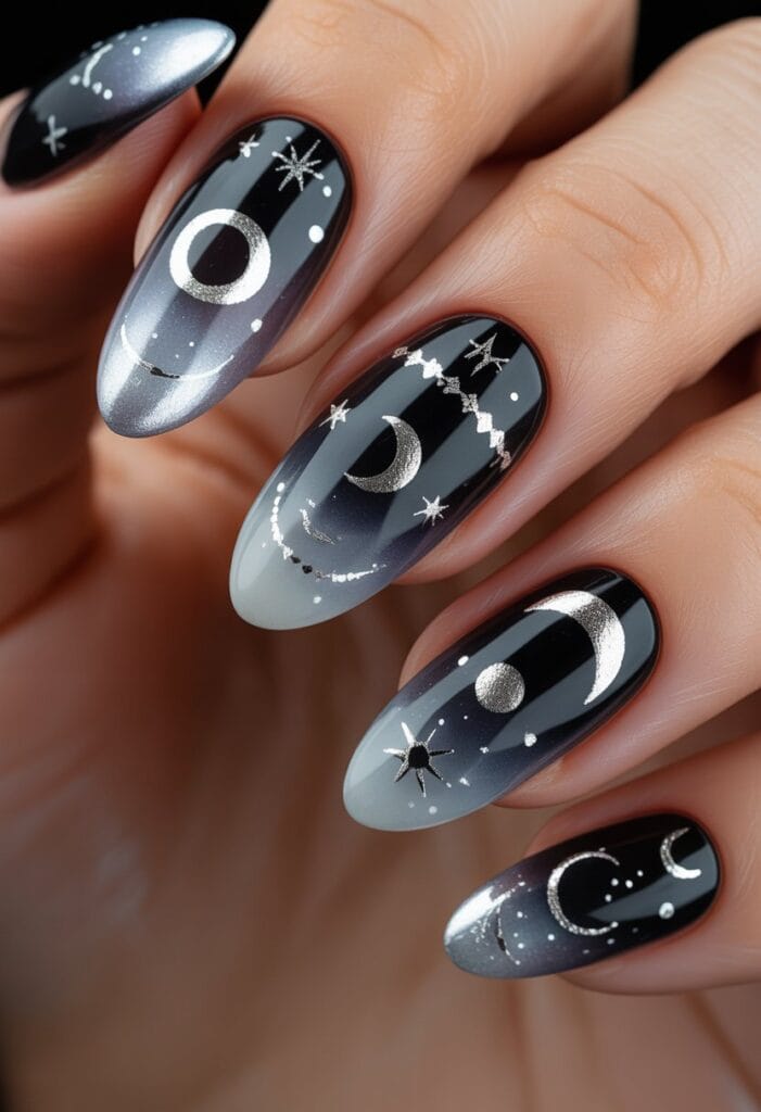 Black Ombré Fade to Smoky Gray with Lunar Symbols