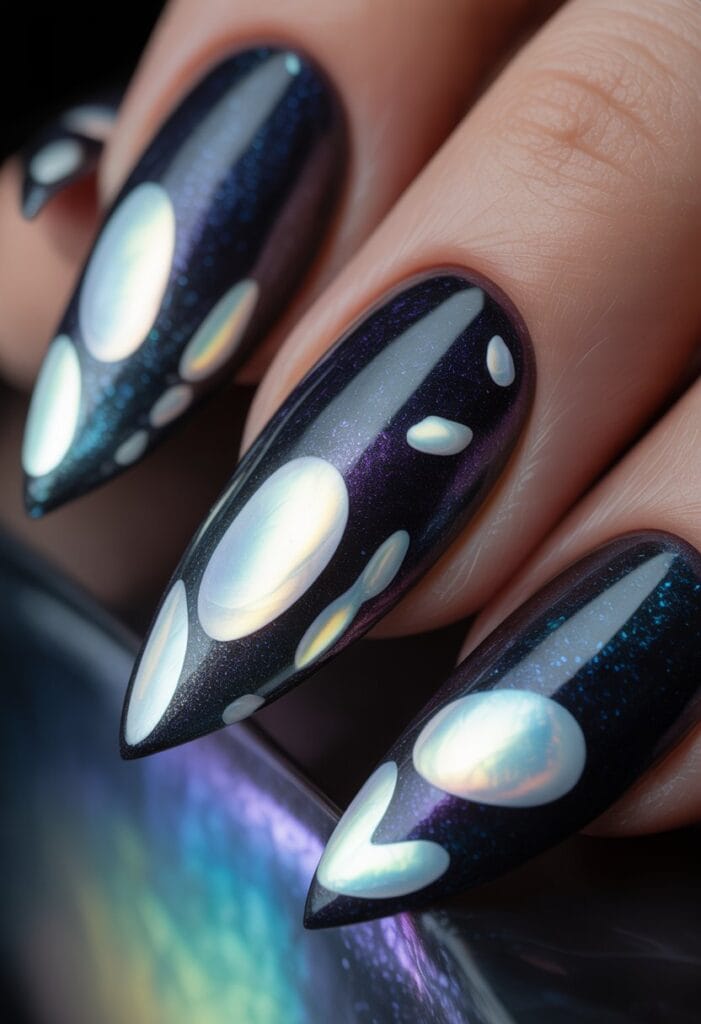 Sharp Black Nails with Metallic Moonstone Highlights