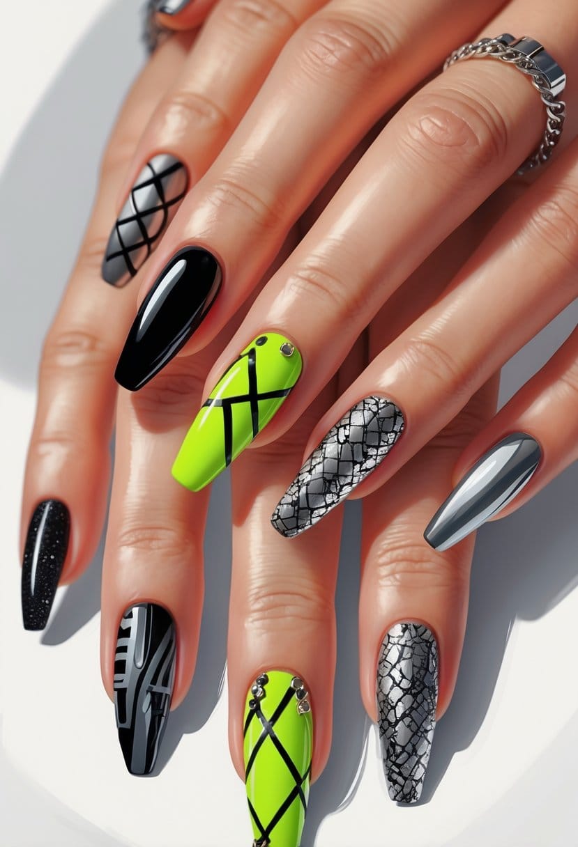 Close-up of hands displaying alternative nail art with bold colors and unique designs.