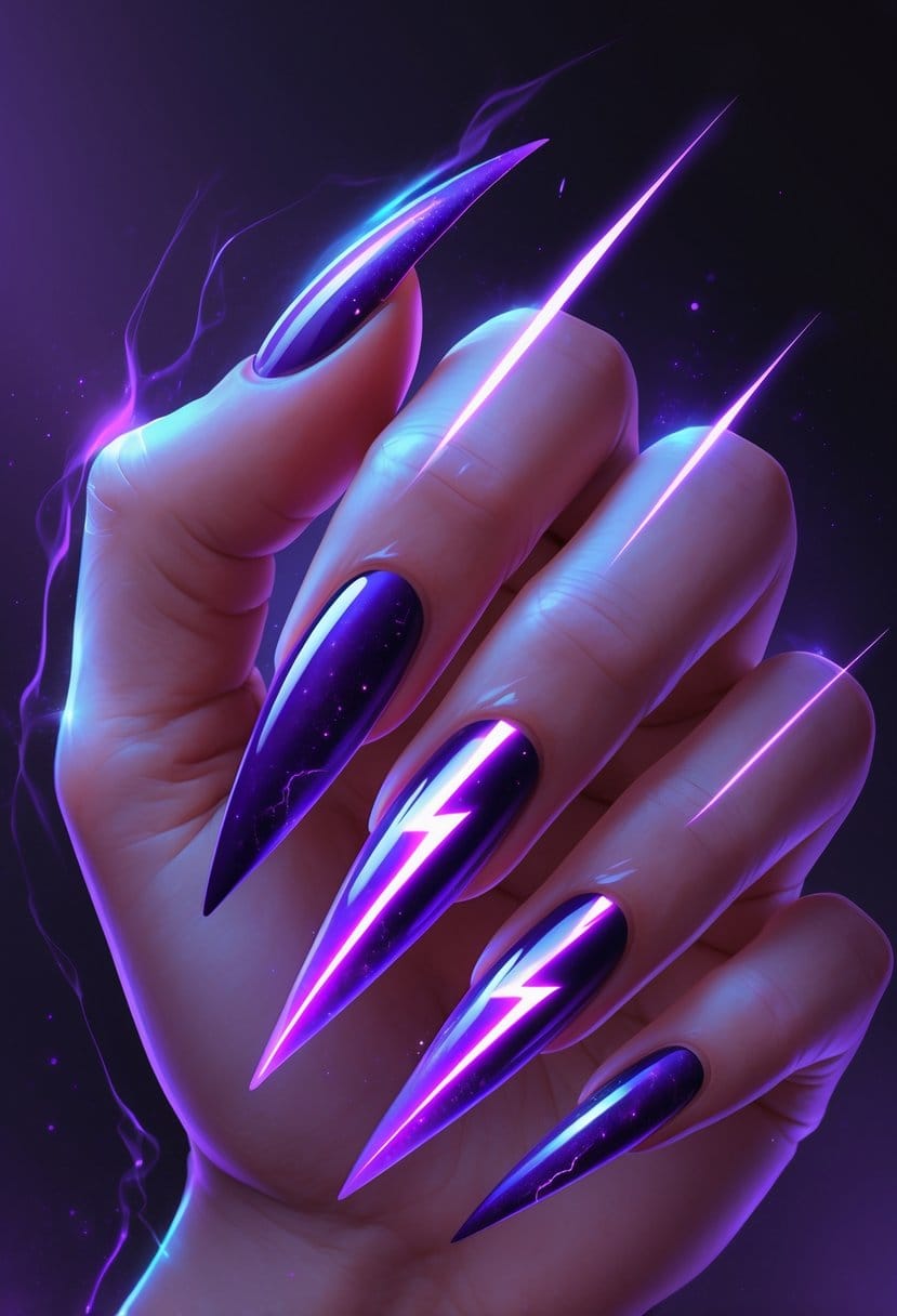 A hand with long purple nails decorated with bright neon lightning bolt designs on a dark background.