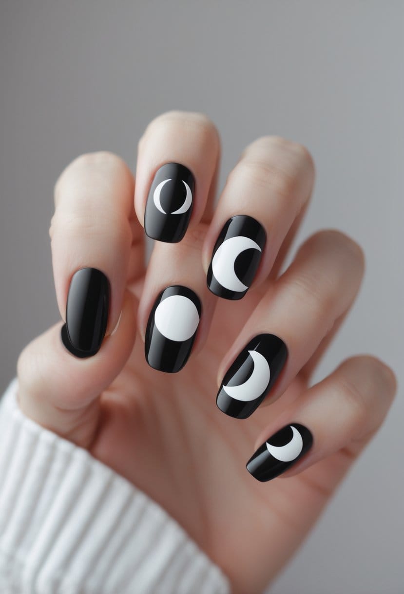 A hand showing nails painted with black and white moon phase designs on each finger.