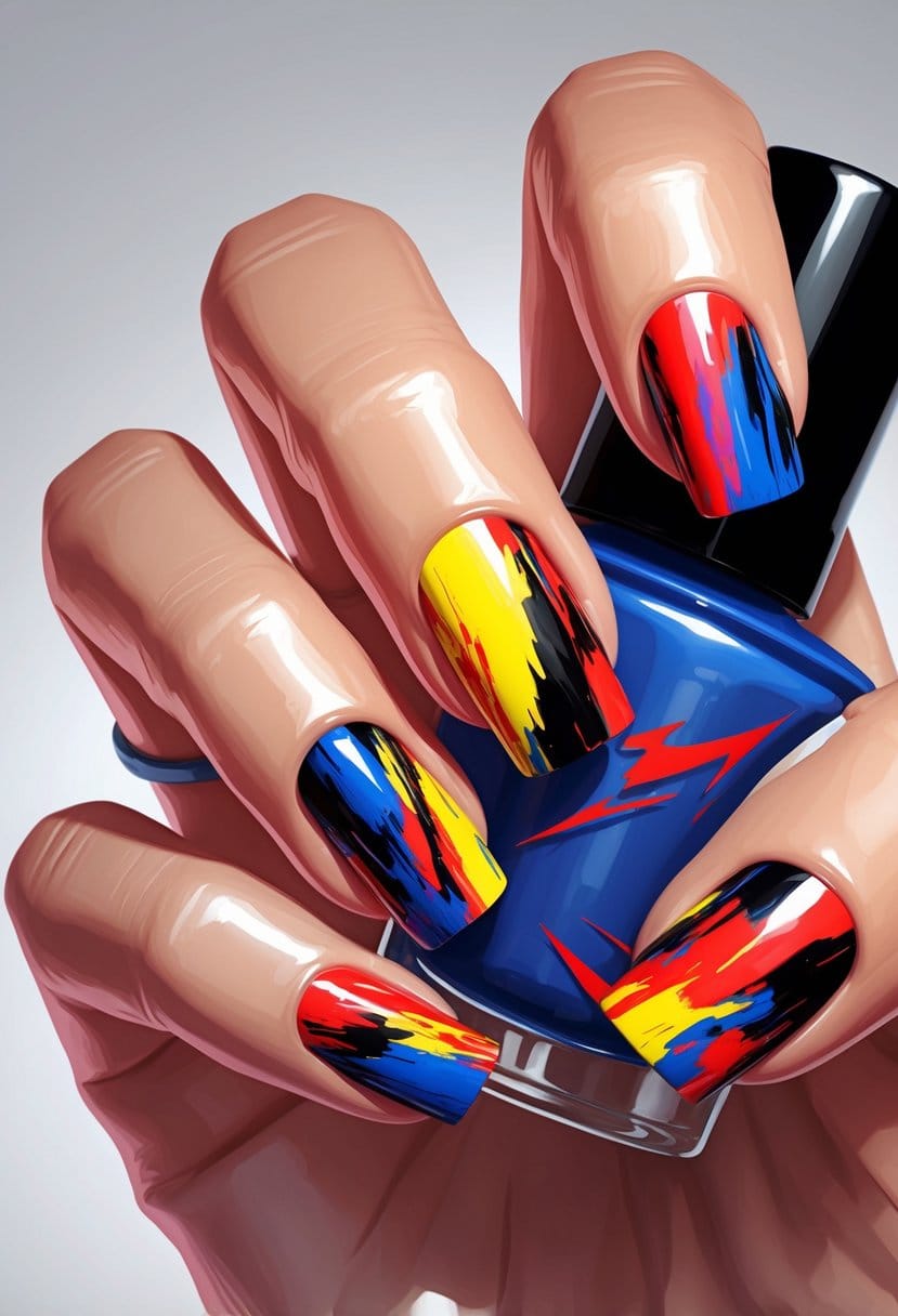 A close-up of a hand showing short nails painted with colorful, bold abstract brushstroke designs.