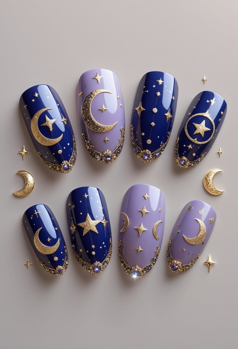 A set of press-on nails decorated with stars, moons, and tarot card designs arranged on a plain background.