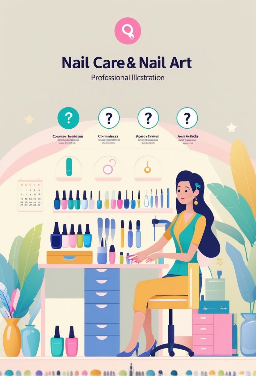 A nail technician demonstrating nail art on a client's hand with manicure tools arranged on a table.