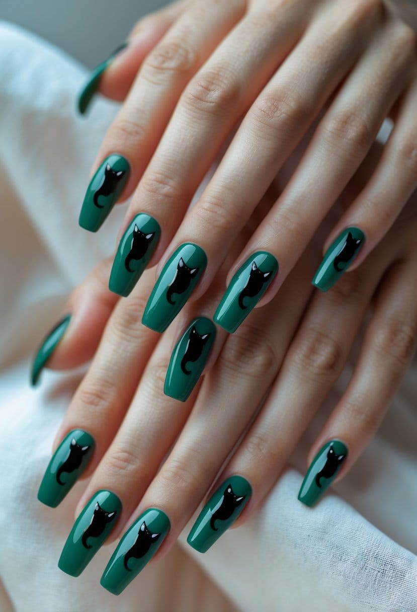 Close-up of hands with nails painted deep green tips and black cat silhouettes on black bases.