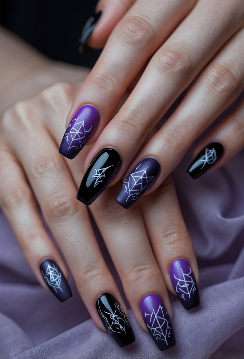 Close-up of hands with black and dark purple gradient nails decorated with mystic rune designs.