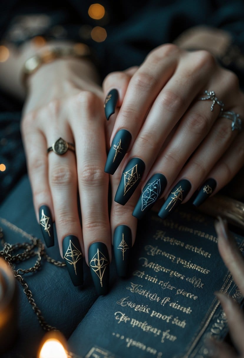 Close-up of hands with long black coffin-shaped nails painted with intricate ancient spellbook designs.