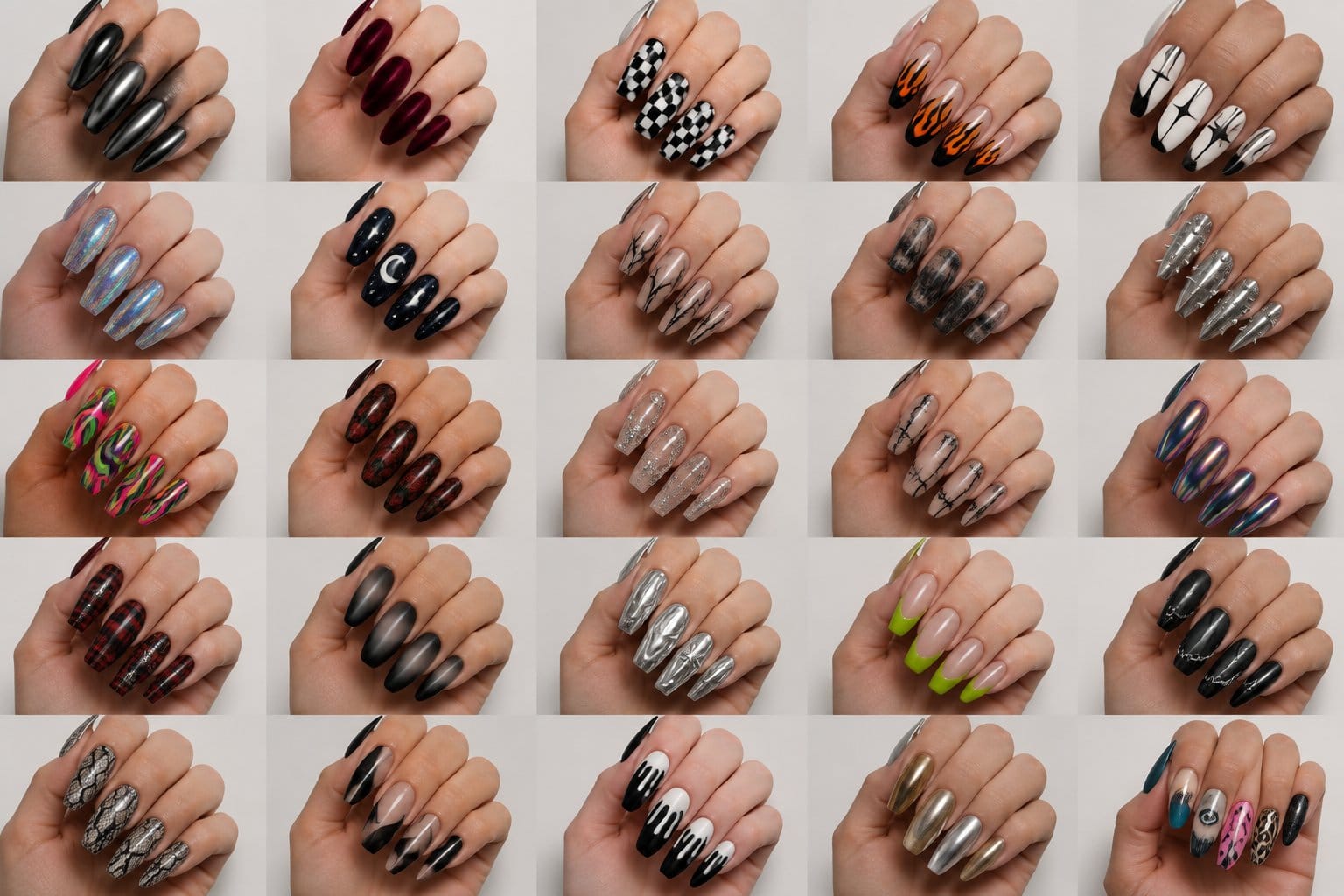 Five hands display a variety of colorful and patterned nail designs.