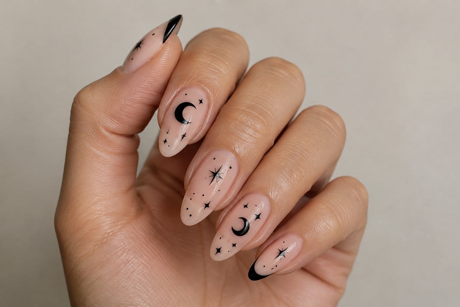 A hand with nude nails decorated with black moons and stars.