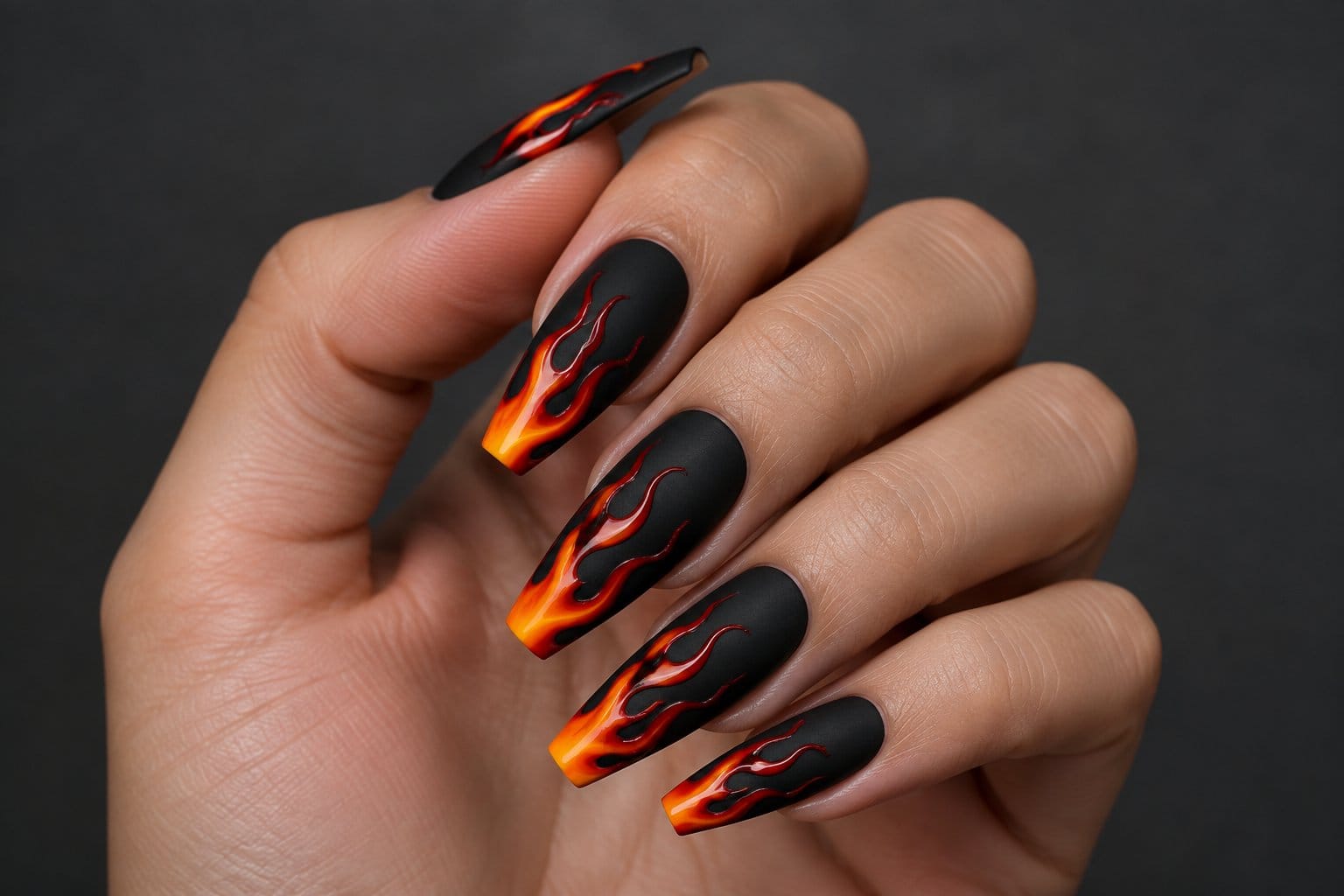 A hand with matte black nails decorated with glossy red, orange, and yellow flames.