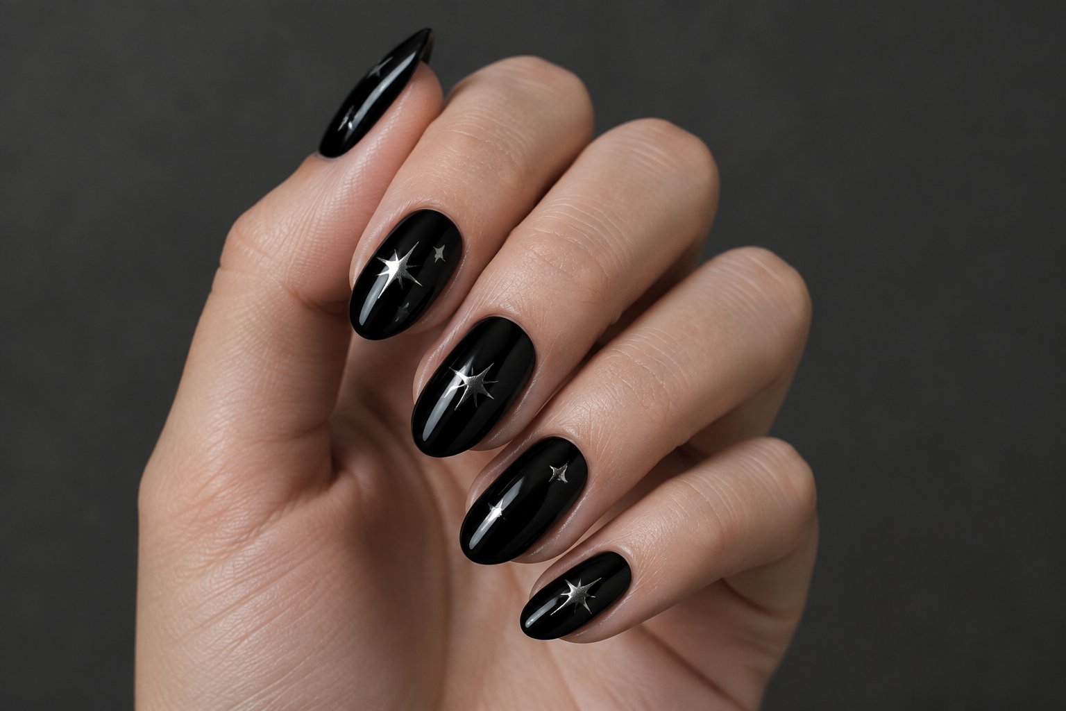 A hand with glossy black nails decorated with silver stars.