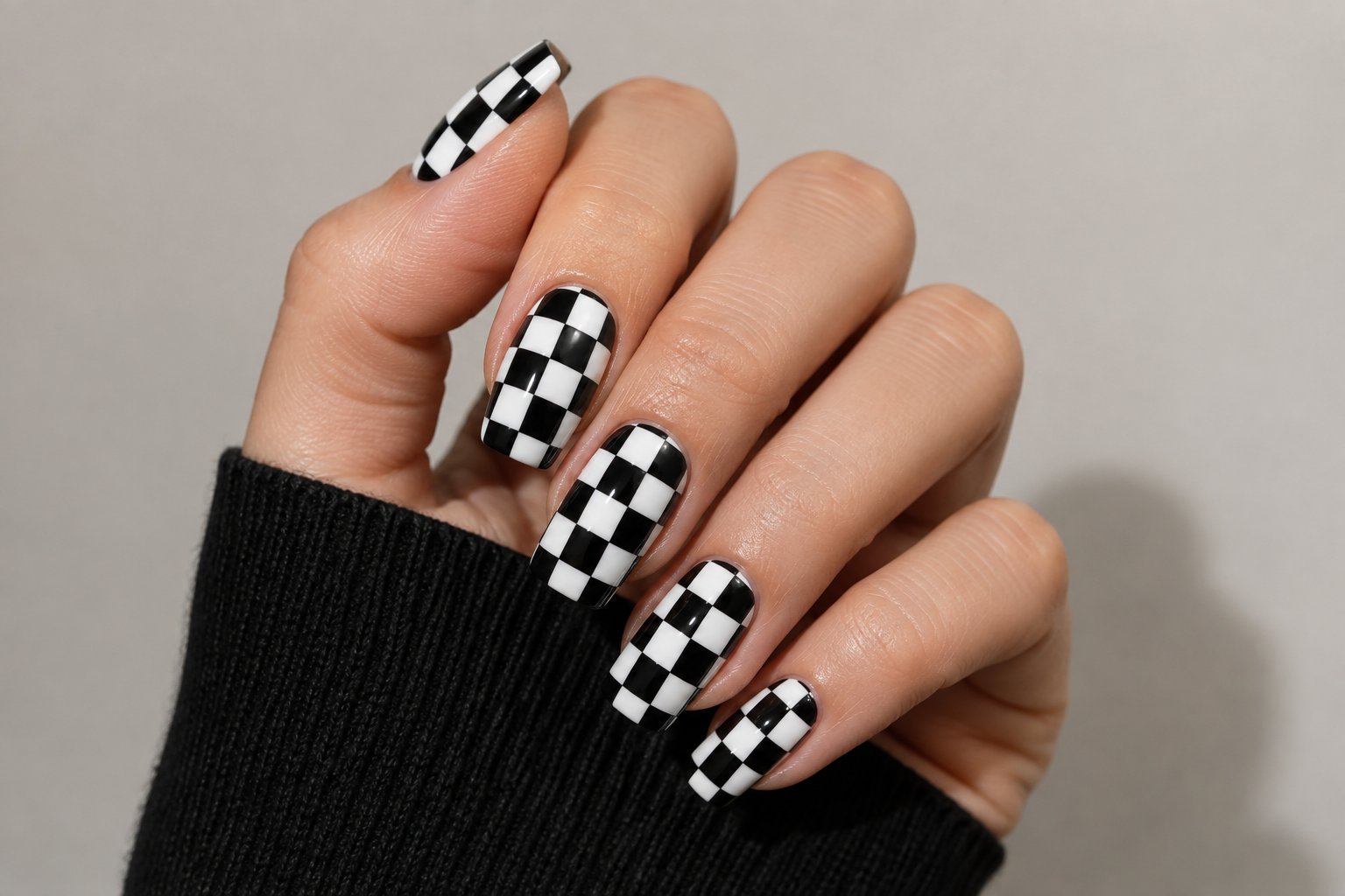 A hand with black-and-white checkerboard nail designs.