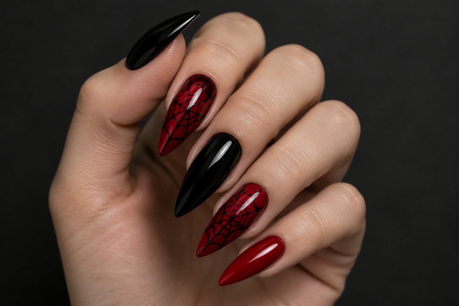 A hand with glossy red and black nails decorated with spiderweb designs.