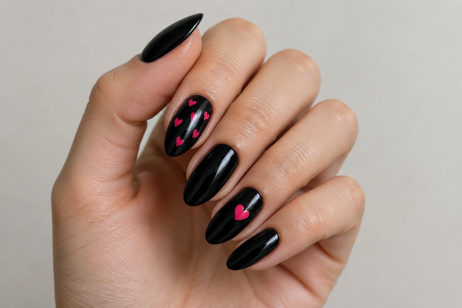 A hand with glossy black nails decorated with pink hearts.
