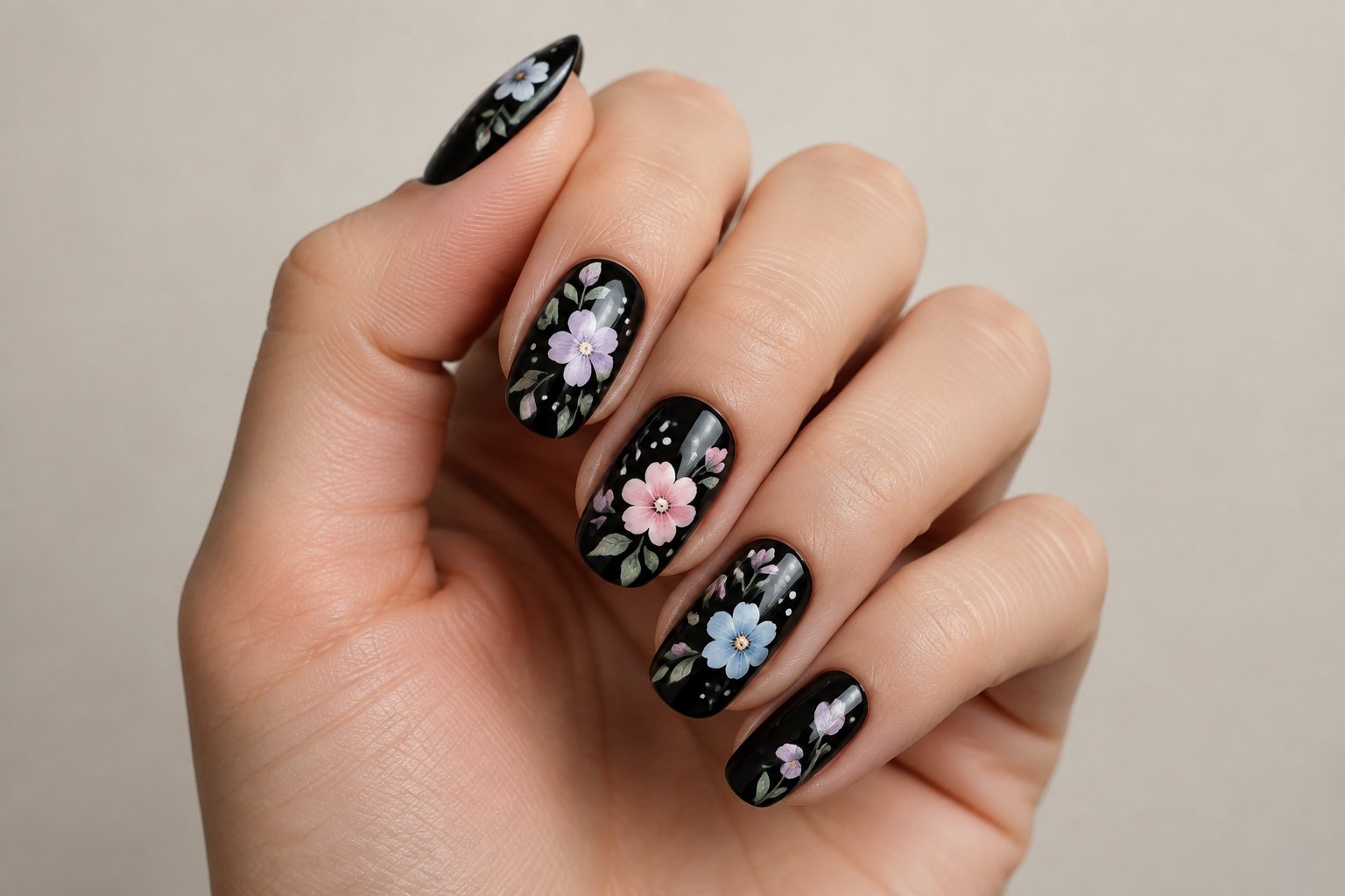 A hand with black nails decorated with pastel flowers.