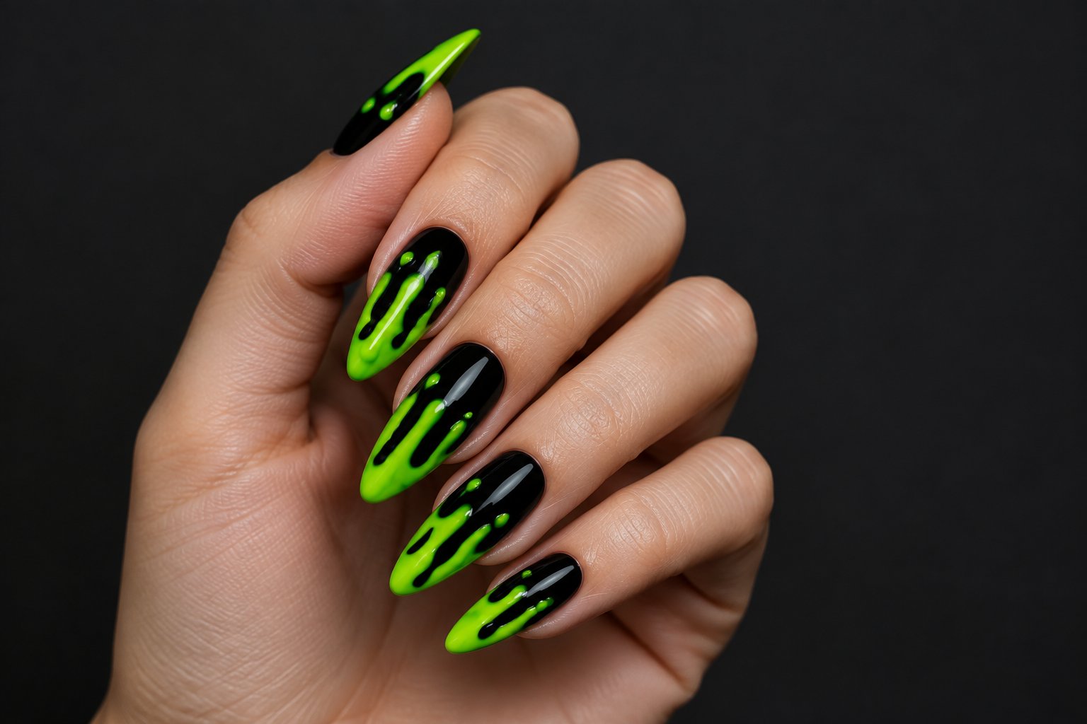 A hand with black nails decorated with bright green drips.