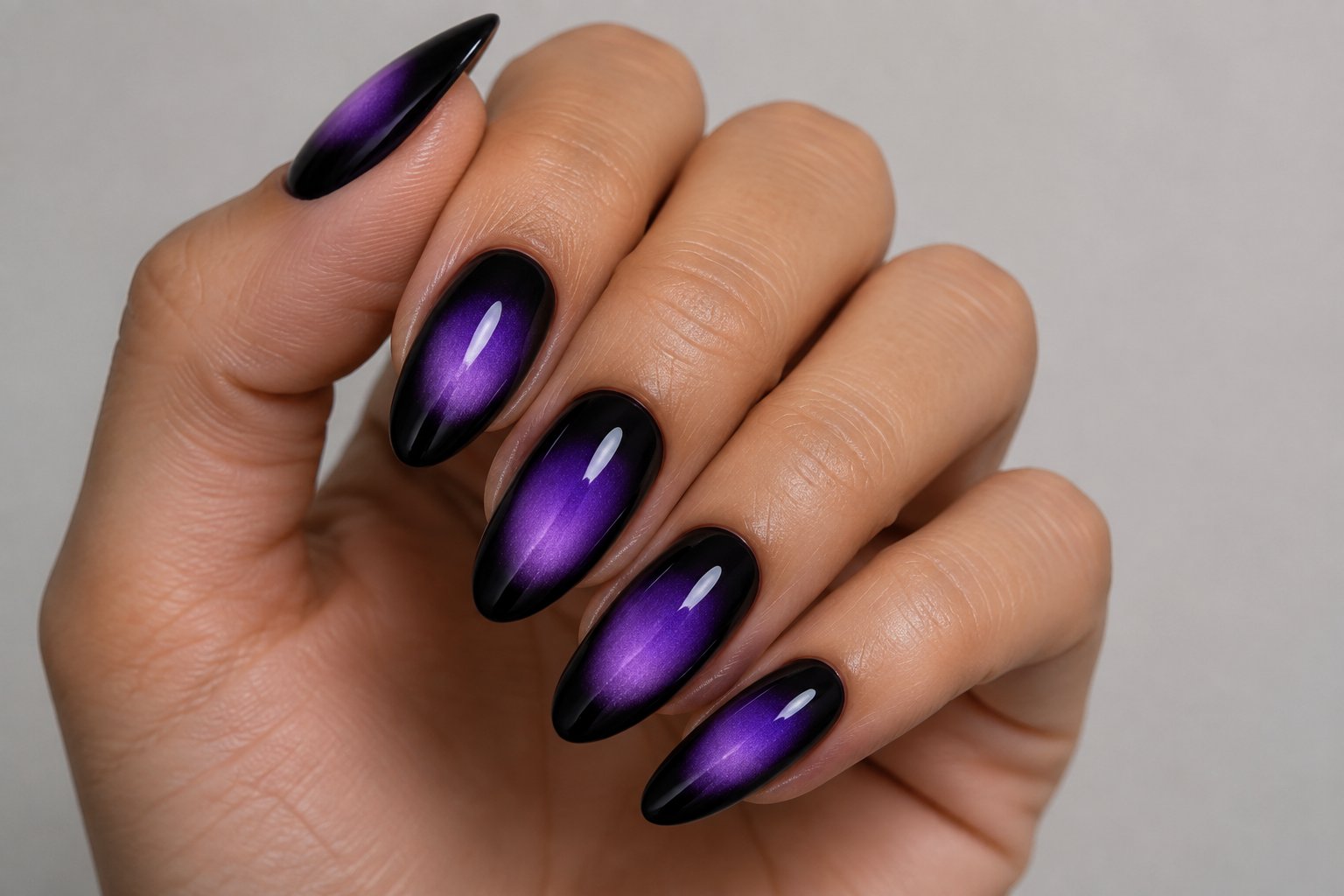 A hand with black nails glowing purple at the center.