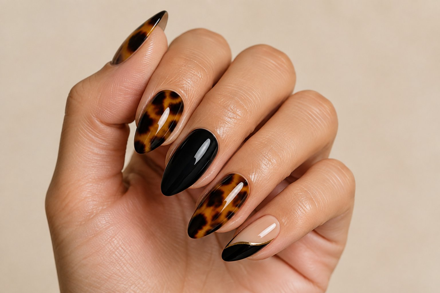 A hand displaying tortoiseshell-patterned nails with black accents.