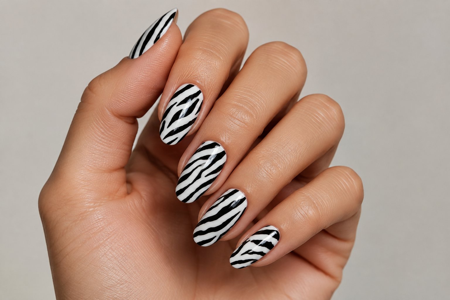A hand displaying black-and-white zebra-print nails.
